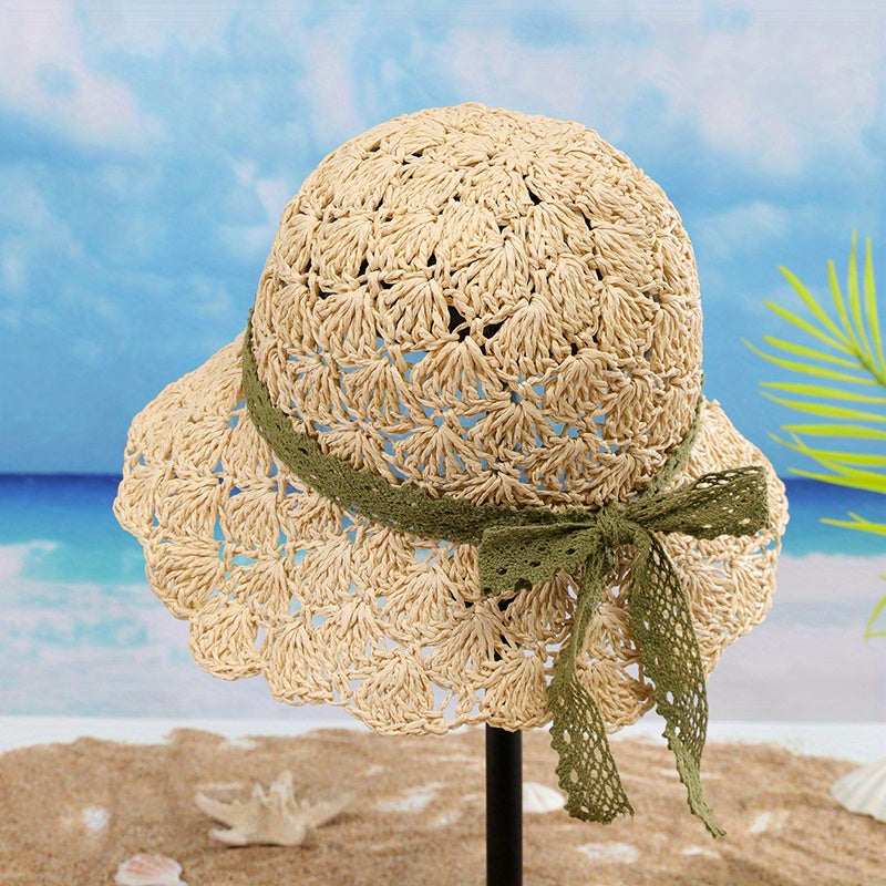 Lace Strap Sun Hat UV Protection Hollow Crochet Straw Hat Solid Bucket Hat