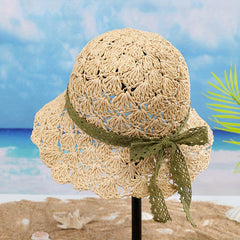 Lace Strap Sun Hat UV Protection Hollow Crochet Straw Hat Solid Bucket Hat