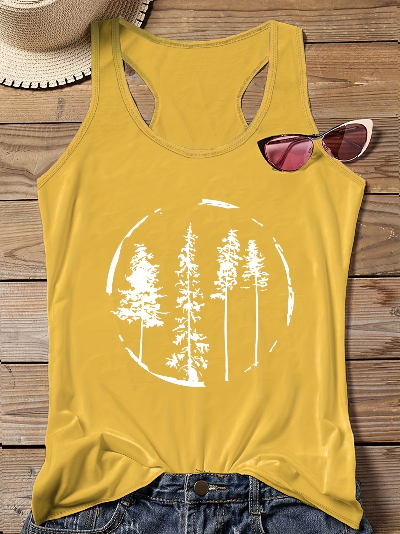 Tree Print Round Neck Vest Top Women's Plus