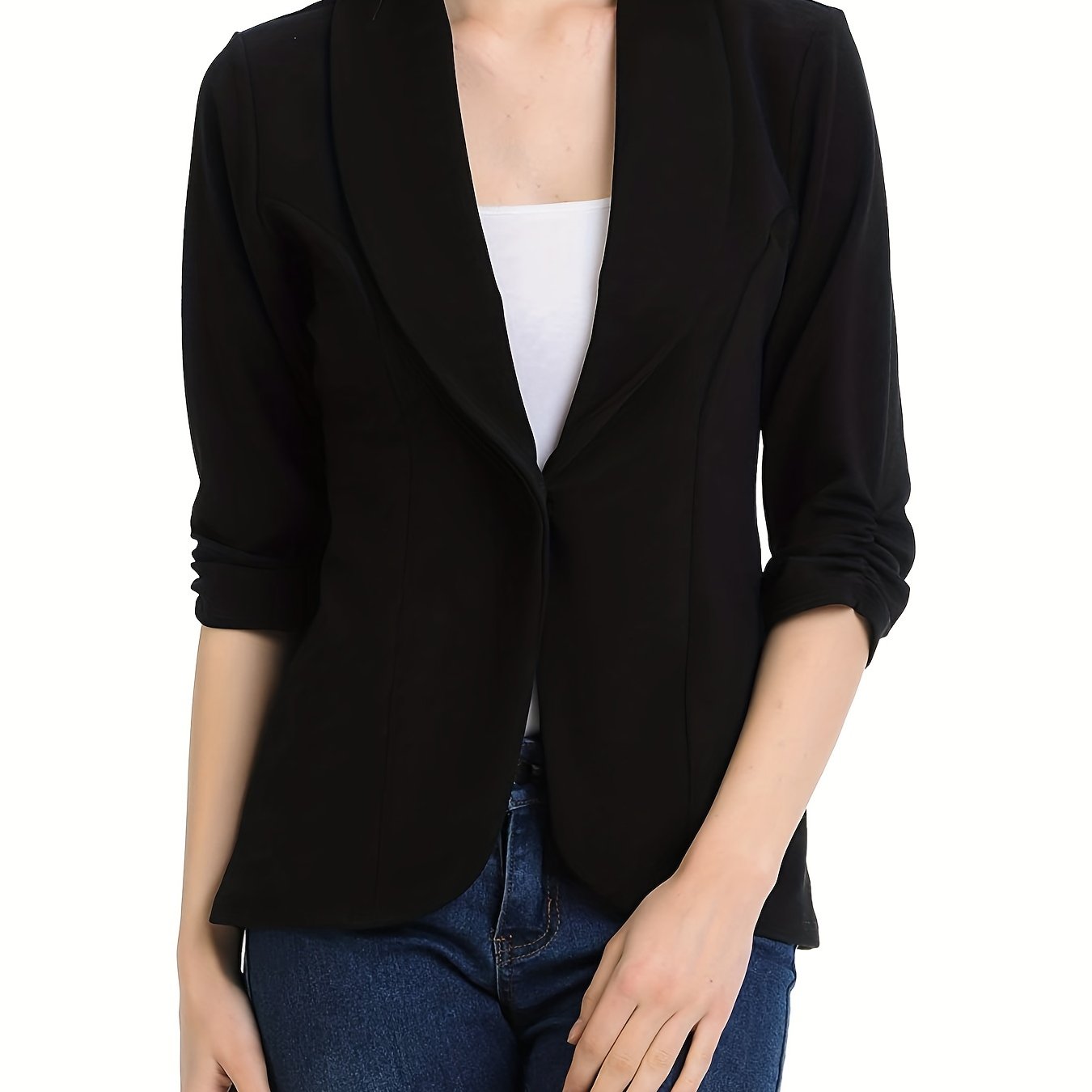 Solid Lapel Blazer Ruched Sleeve Blazer