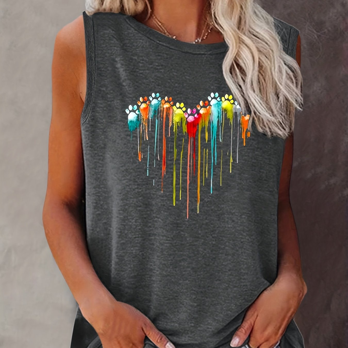 Colorful Paw Print Crew Neck Tank Top Women's Clothing