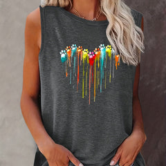 Colorful Paw Print Crew Neck Tank Top Women's Clothing