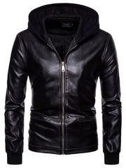 Men's Slim Fit Casual Leather Jacket with Hood
