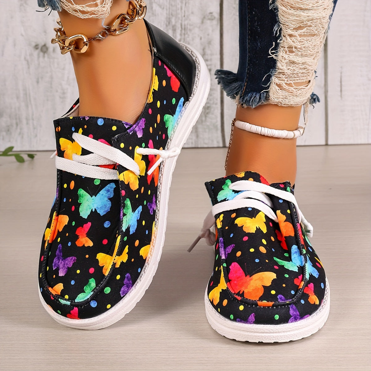 Women's Butterfly Print Casual Walking Shoes Low Flat Slip on Sneakers