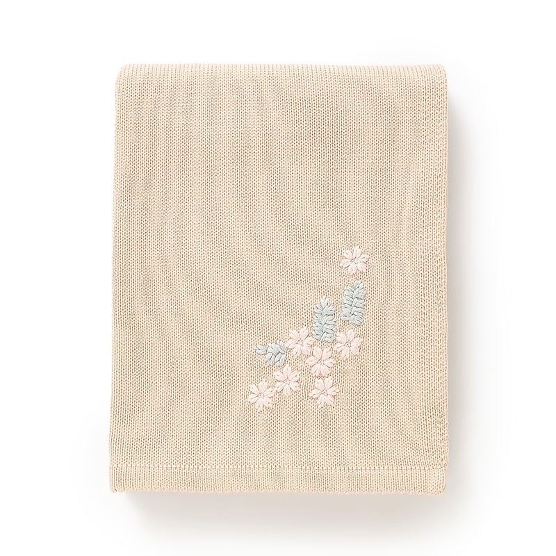 Soft Knitted Baby Blanket Acrylic Jacquard Floral Embroidery Beige