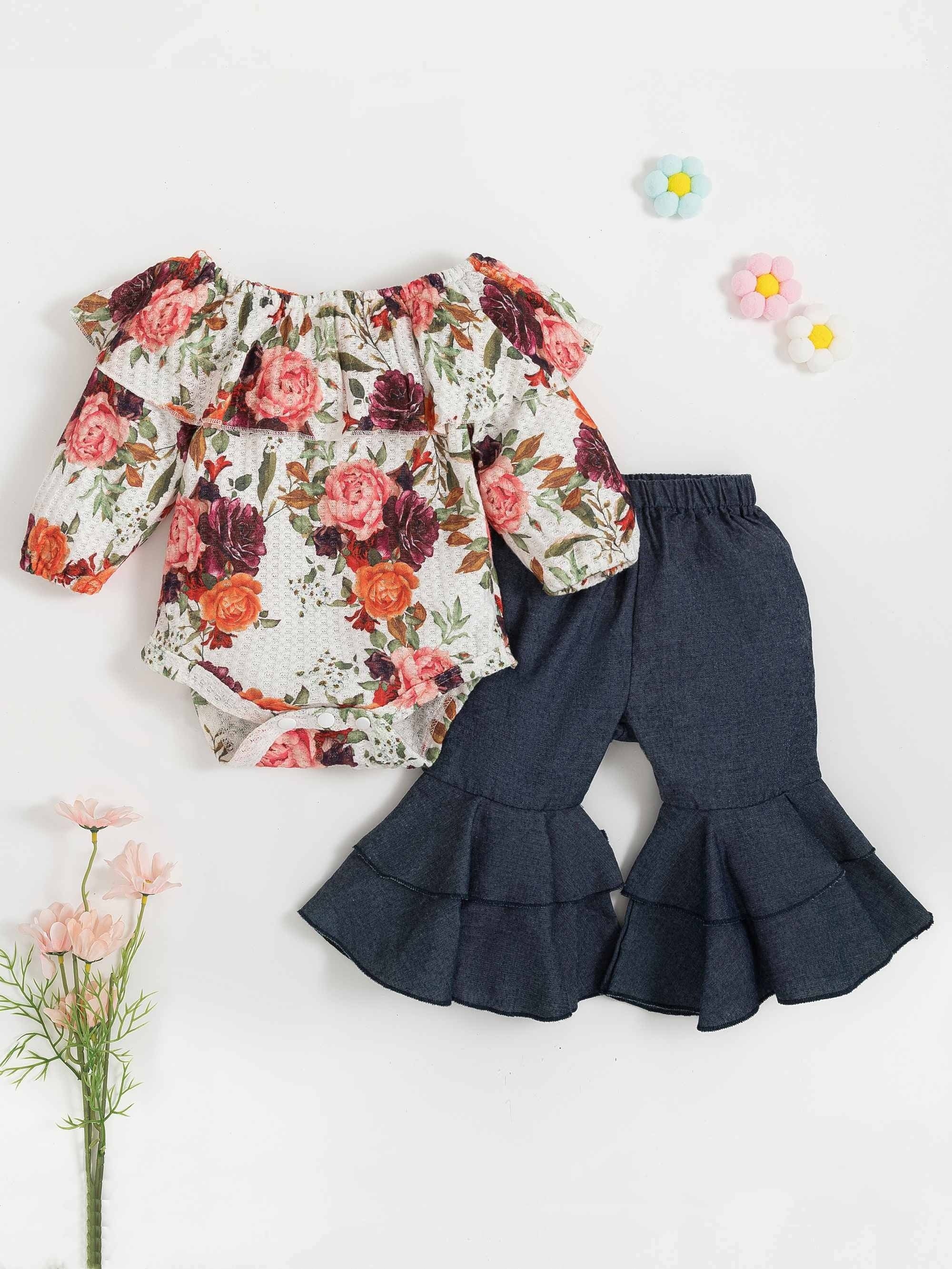 2pcs Toddler Baby Ruffle Off Shoulder Romper & Flared Leg Denim Pants