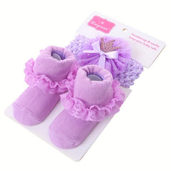 Baby Girl Cotton Princess Flip Bow Knot Lace Crew Socks & Bow Headband Set
