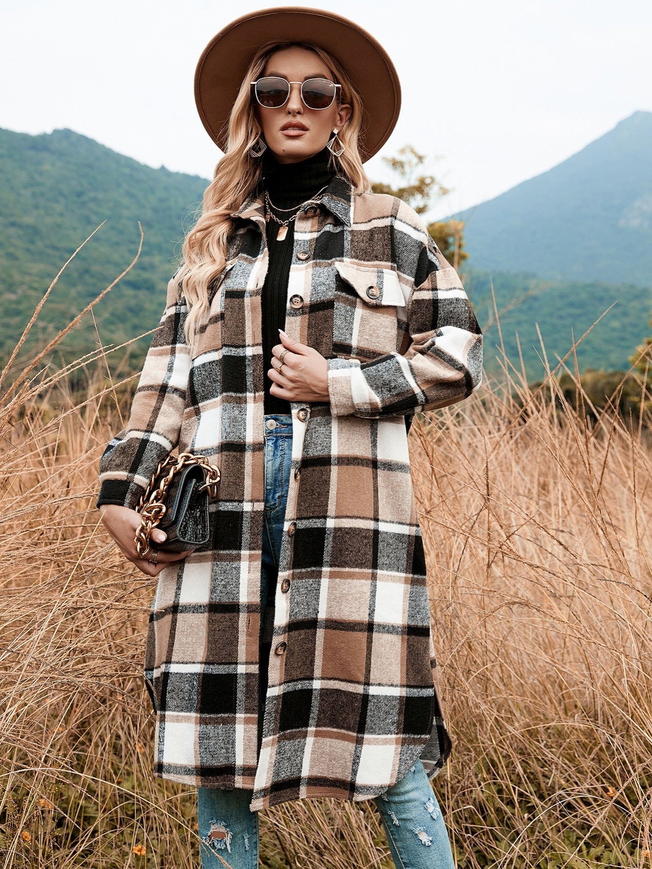 Long Sleeve Plaid Shirt Jacket for Women