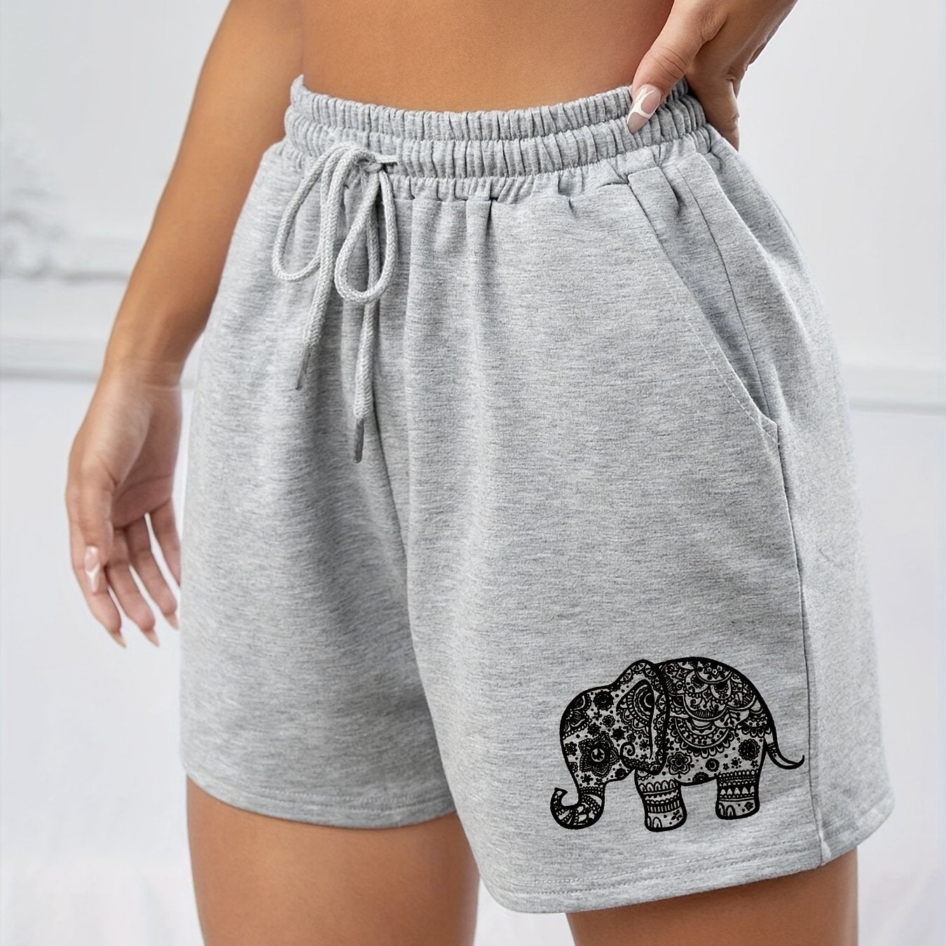 Elephant Print Drawstring Shorts Solid Sports Casual Shorts