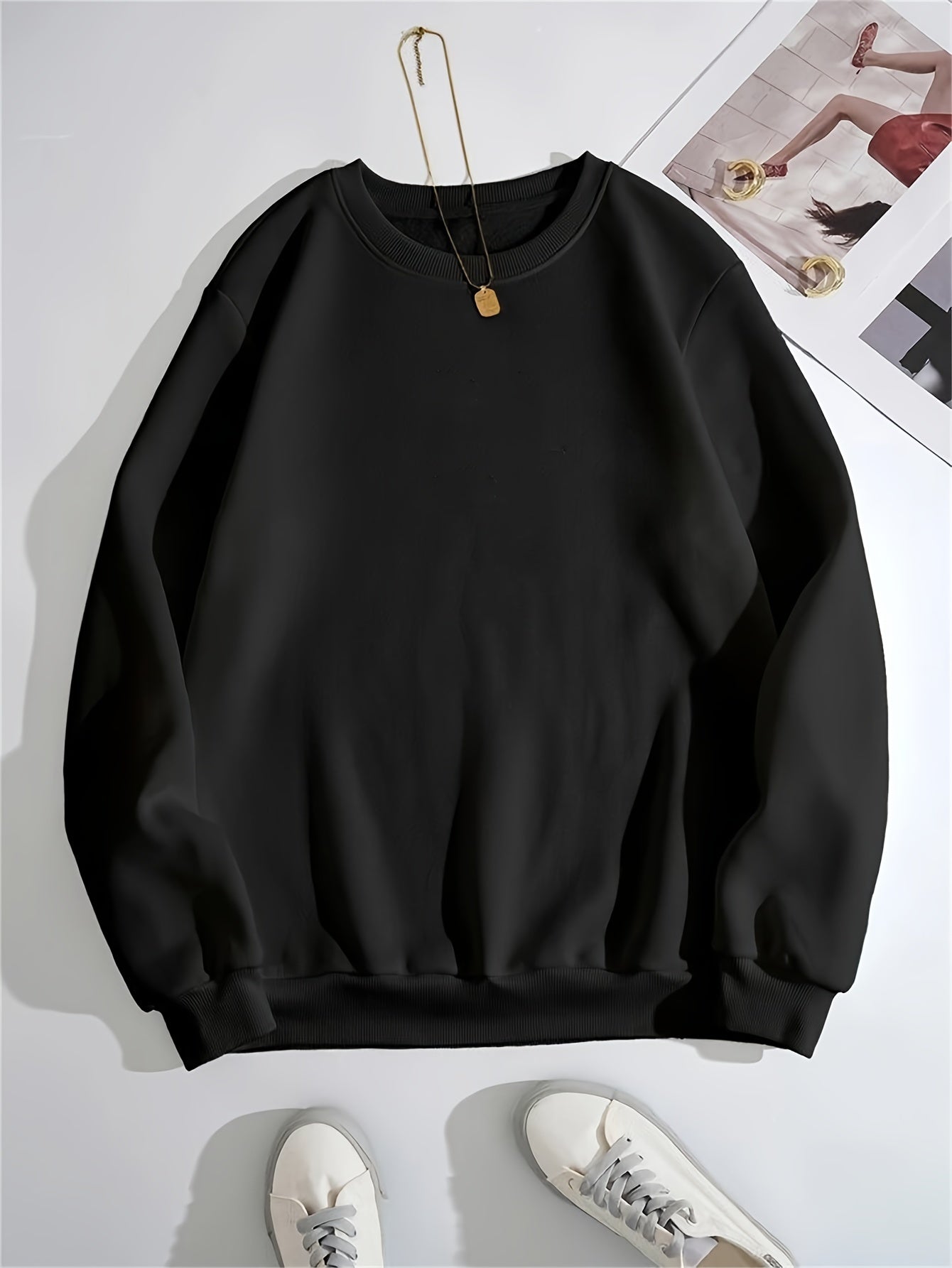 Solid Crew Neck Long Sleeve Sweater Plush Inner Outwear Pullover Shirt