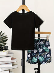 Boys Leaf Print Casual Outfit Round Neck T shirt & Shorts Set