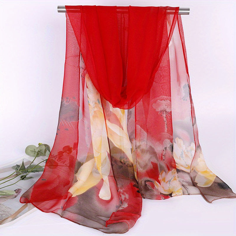 Chiffon Ink Lotus Print Thin Headwrap Large Shawl Summer Beach Towel