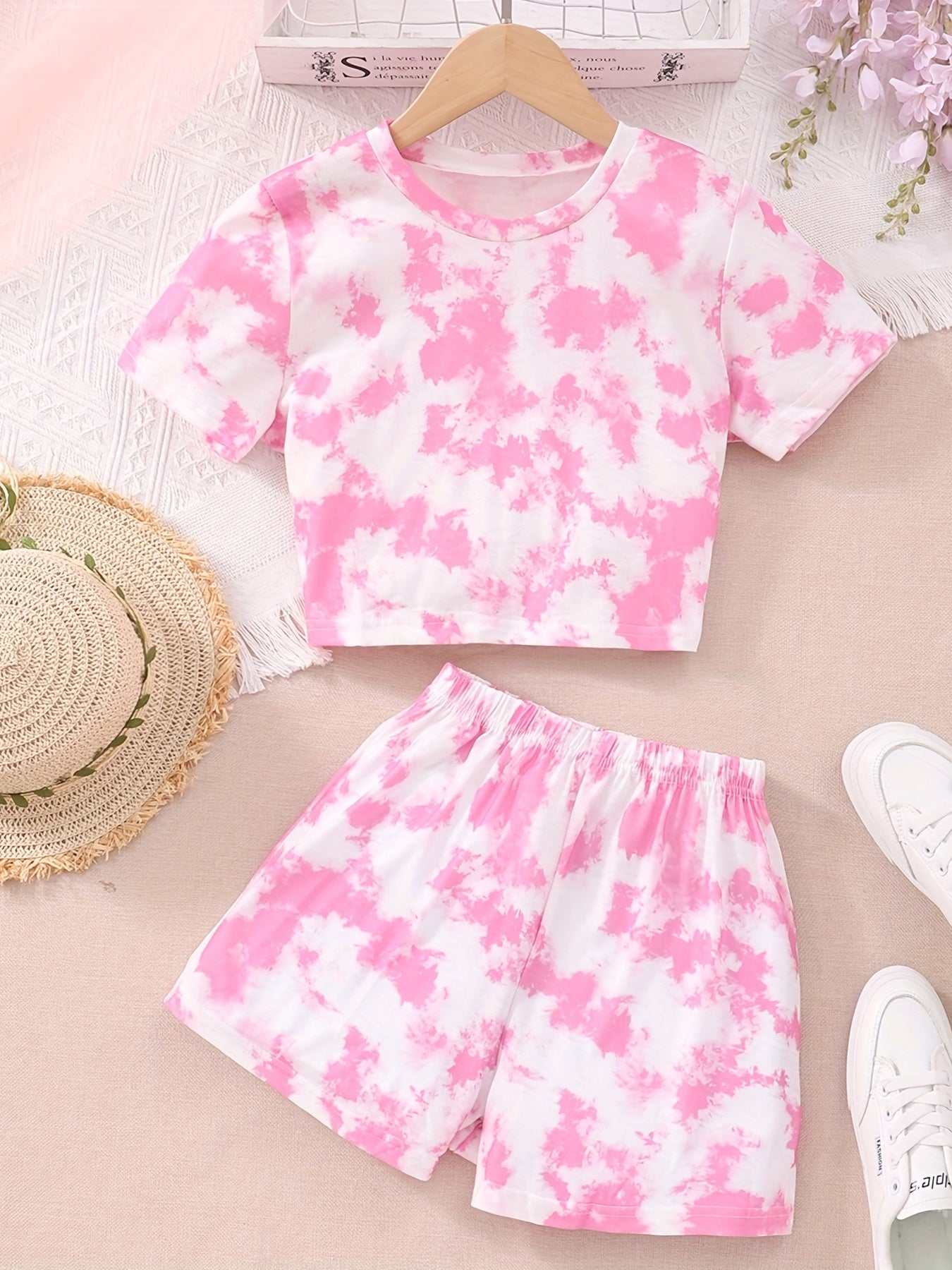 2pcs Girls Tie Dye T-Shirts & Shorts Set Summer Outfit Kids Casual Clothes