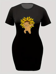 Bear & Floral Print Short Sleeve Casual Dress
