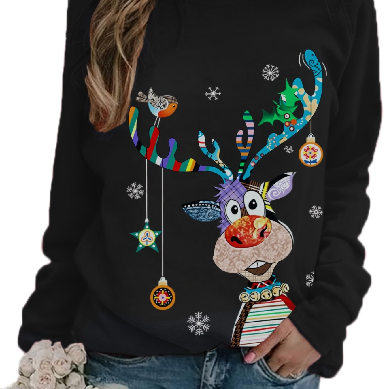 Christmas Graphic Print Sweatshirt Long Sleeve Crew Neck Pullover Sweatshirt