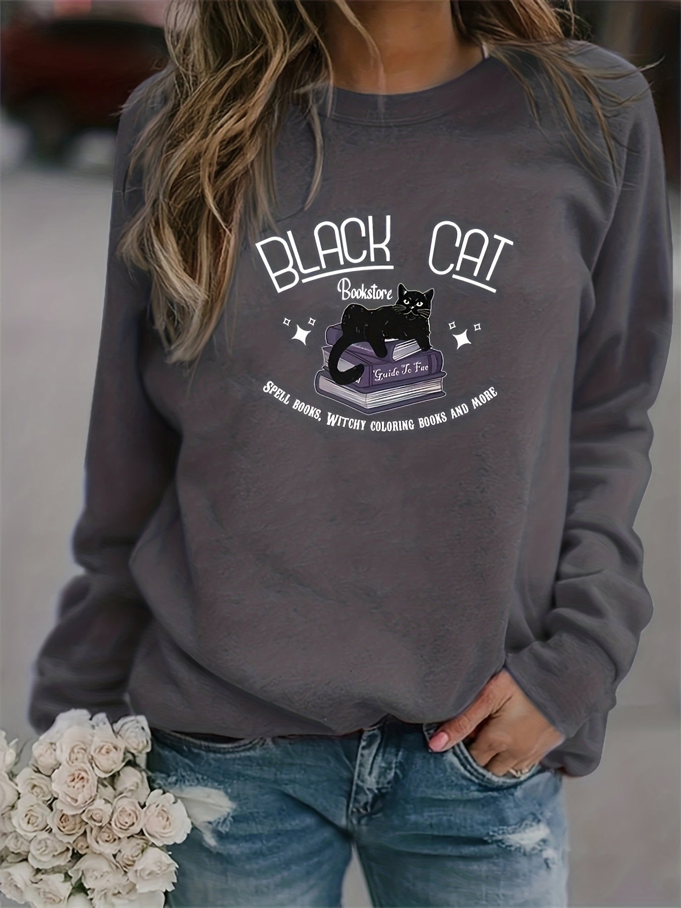Cat Print Sweatshirt Long Sleeve Crew Neck Women's Clothing