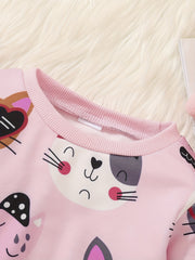 Cat Family Cartoon Ribbed Sweatshirt Crew Neck for Kids
