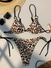 Leopard Print Triangle Bikini Sets Tie Back Backless Ring Linked Tie