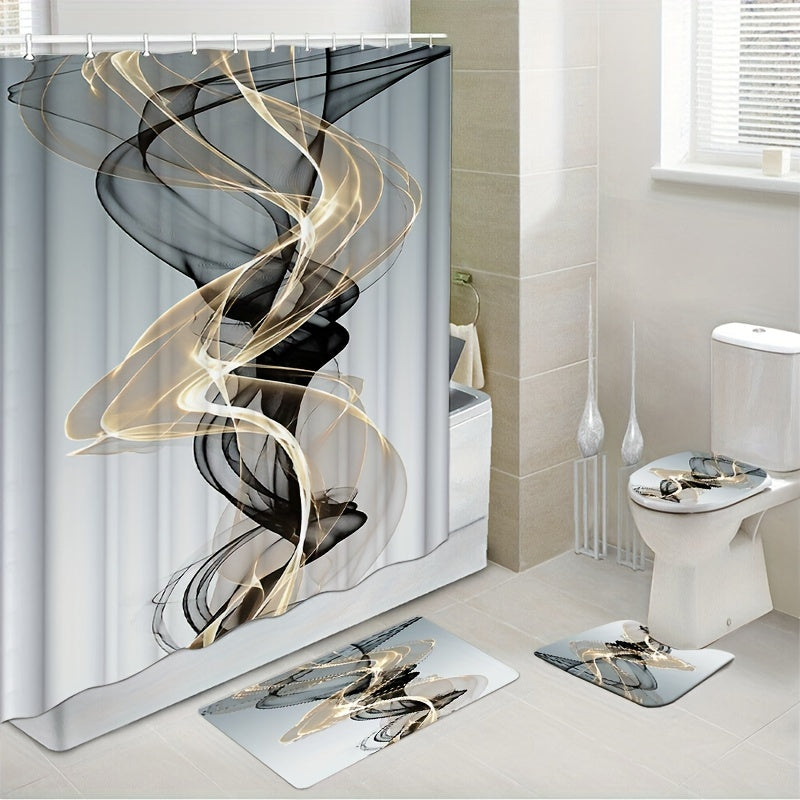 4pcs Modern Art Shower Curtain Set with Non-Slip Bathroom Rug