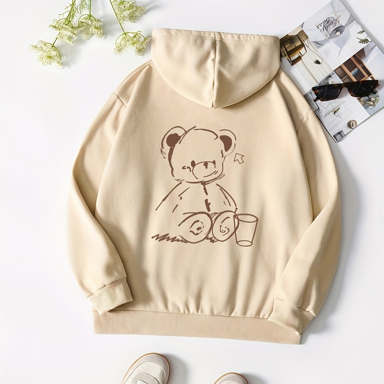 Casual Long Sleeve Bear Graphic Hoodie Women's Tops