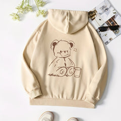 Casual Long Sleeve Bear Graphic Hoodie Women's Tops