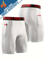 Men's Letter Print Compression Shorts With Pocket Athletic Base Layer