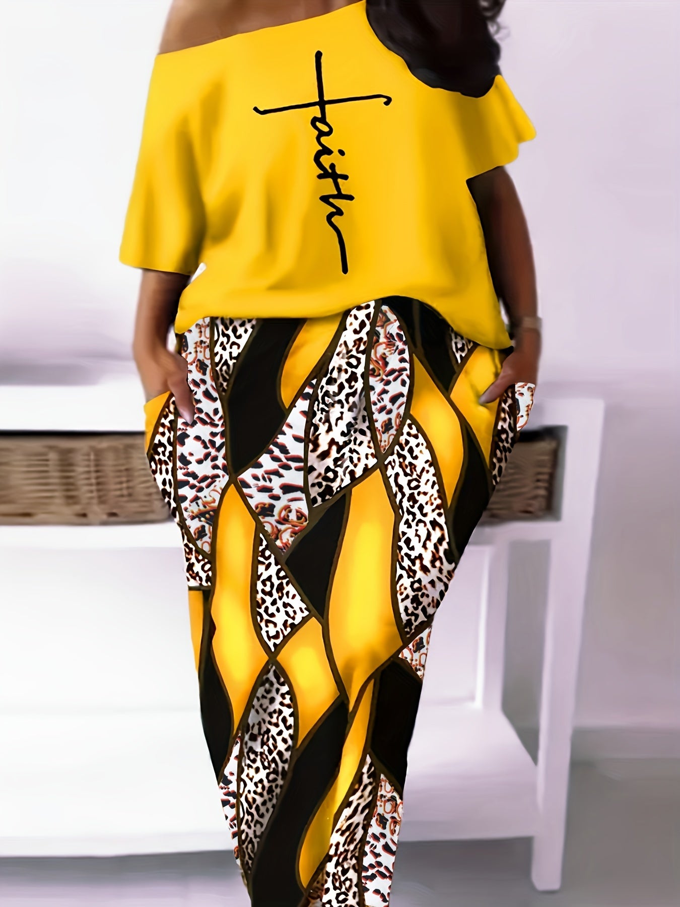 Cross Print Top & Leopard Print Skirt Set