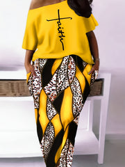 Cross Print Top & Leopard Print Skirt Set