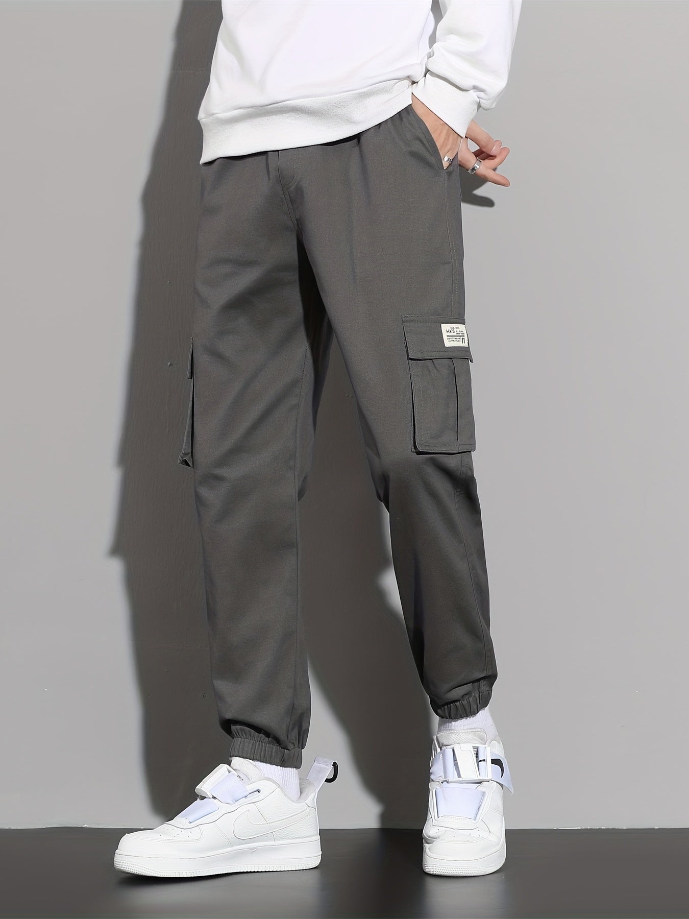 Solid Cargo Pants Men's Flap Pocket Trousers