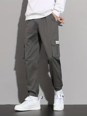 Solid Cargo Pants Men's Flap Pocket Trousers