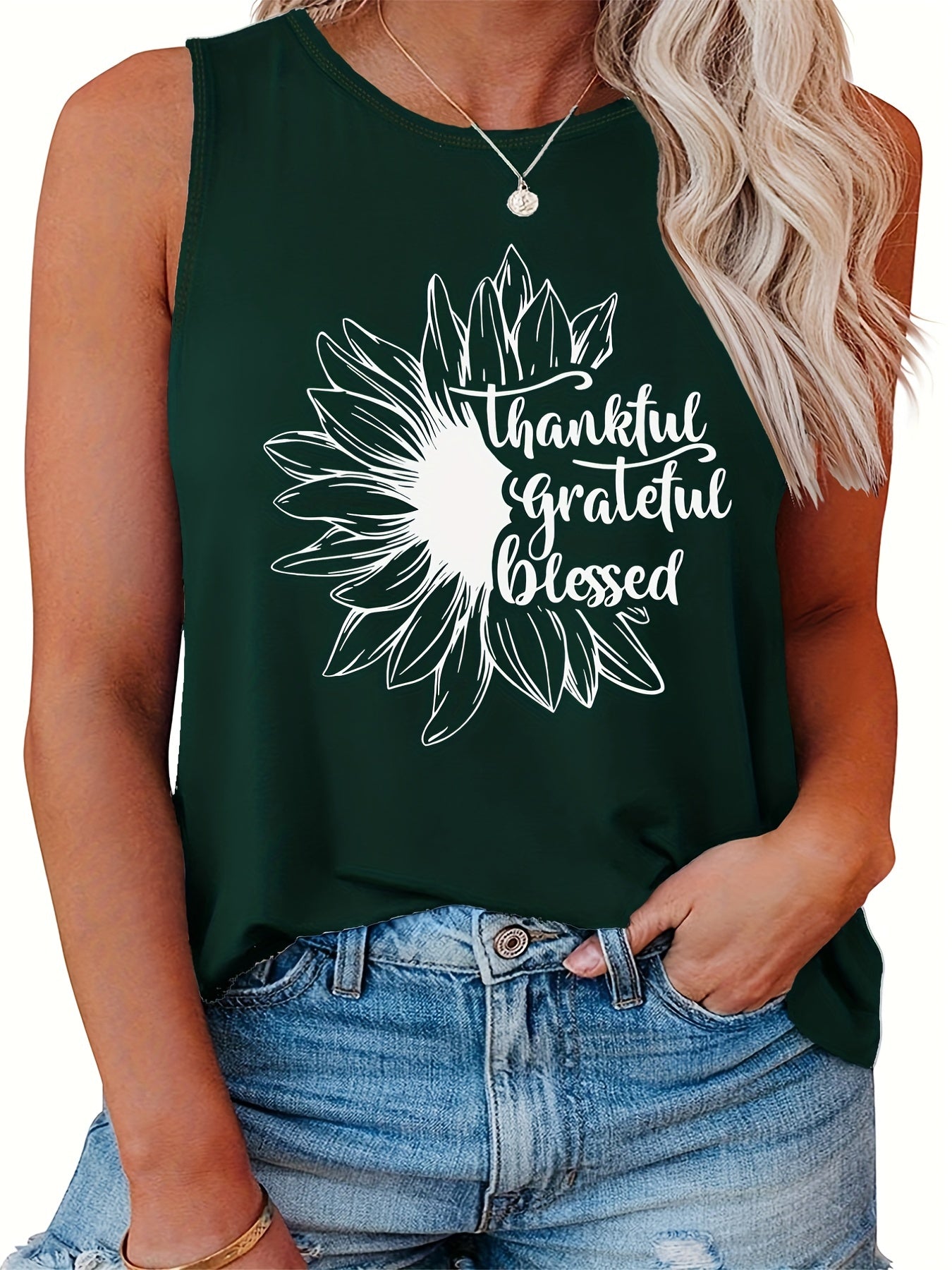 Casual Tank Top Women's Plus Slogan & Floral Print