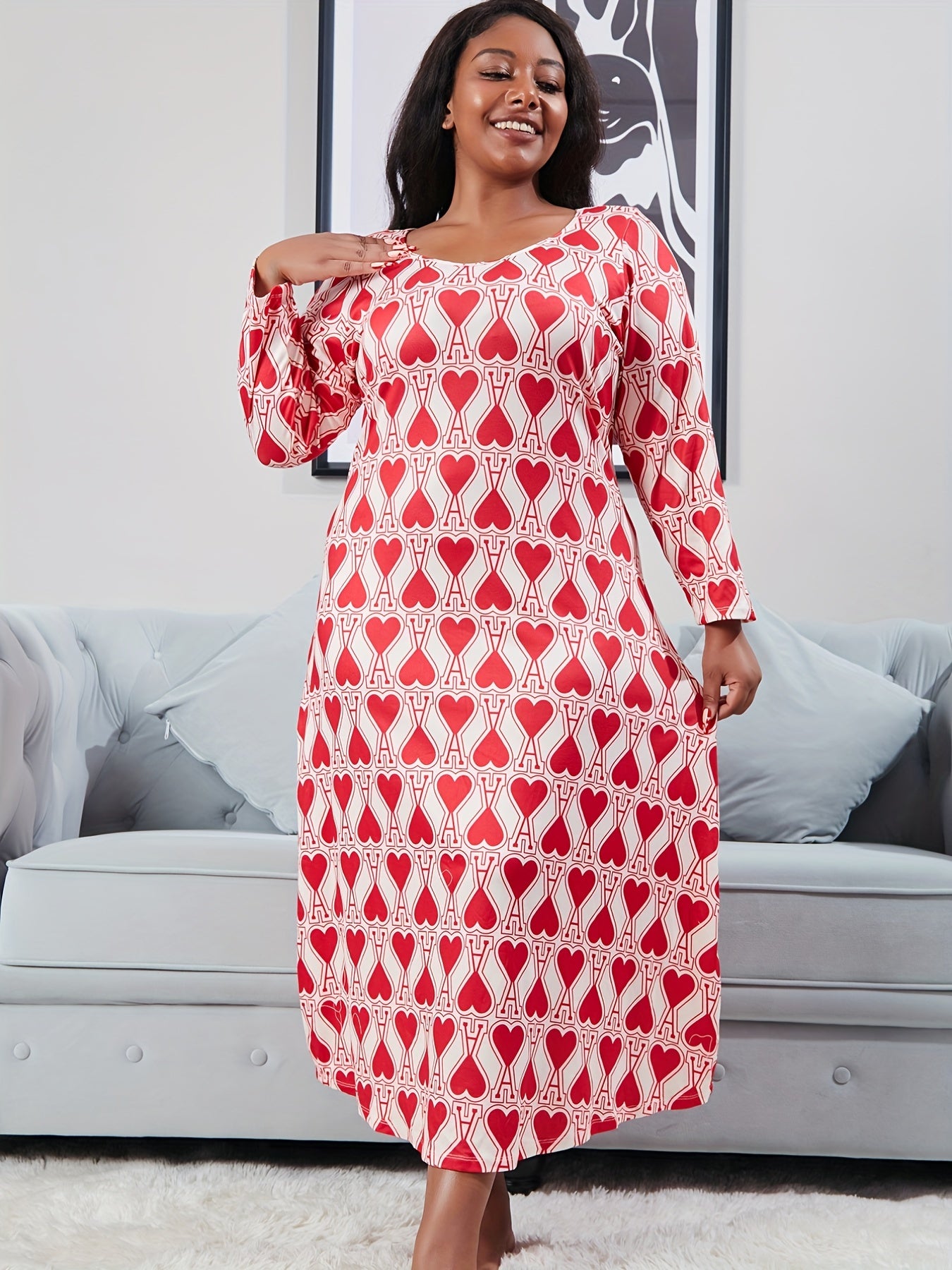 Heart Print Long Sleeve Tee Nightdress