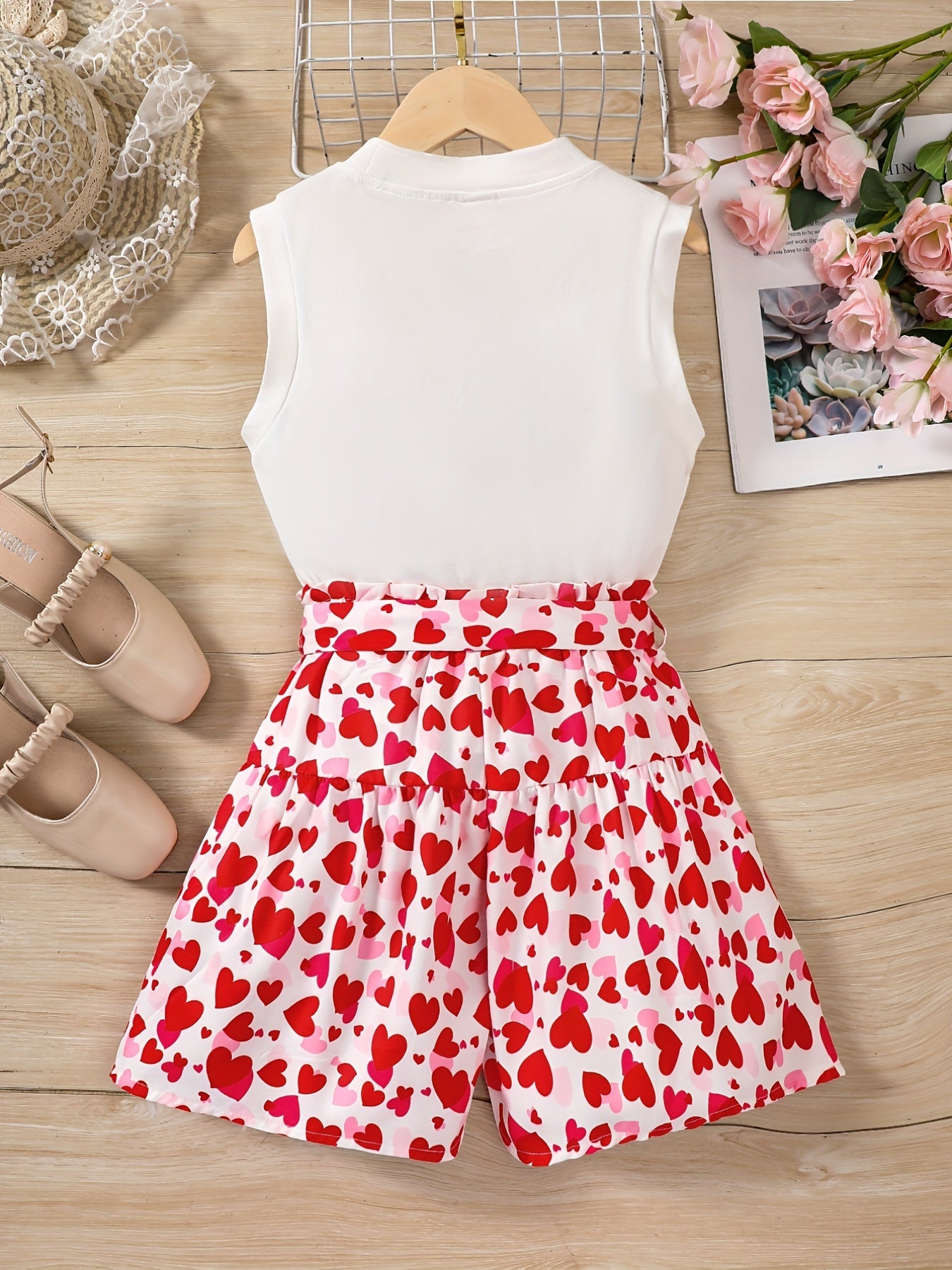 Girls Heart Print Top & Shorts Set Comfortable Casual T Shirt And Pants