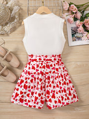 Girls Heart Print Top & Shorts Set Comfortable Casual T Shirt And Pants