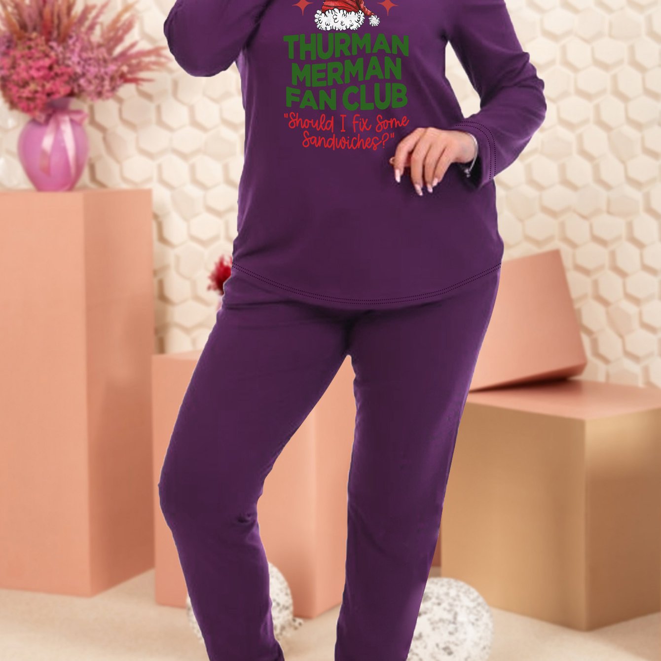 Christmas Pajama Set Women's Plus Hat & Slogan Print Tee & Joggers Lou