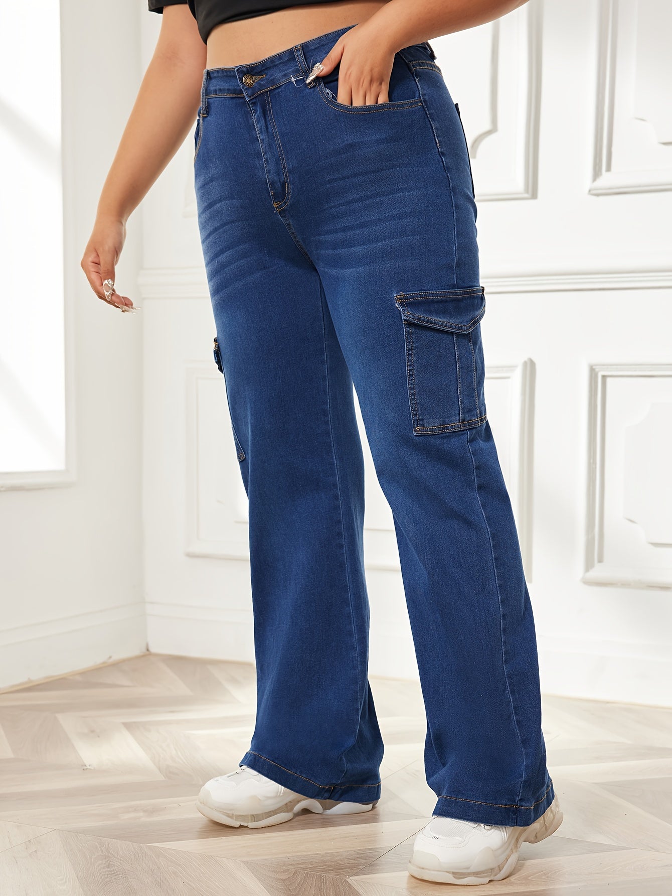 Washed Button Fly High Rise Wide Leg Cargo Jeans