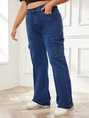 Washed Button Fly High Rise Wide Leg Cargo Jeans