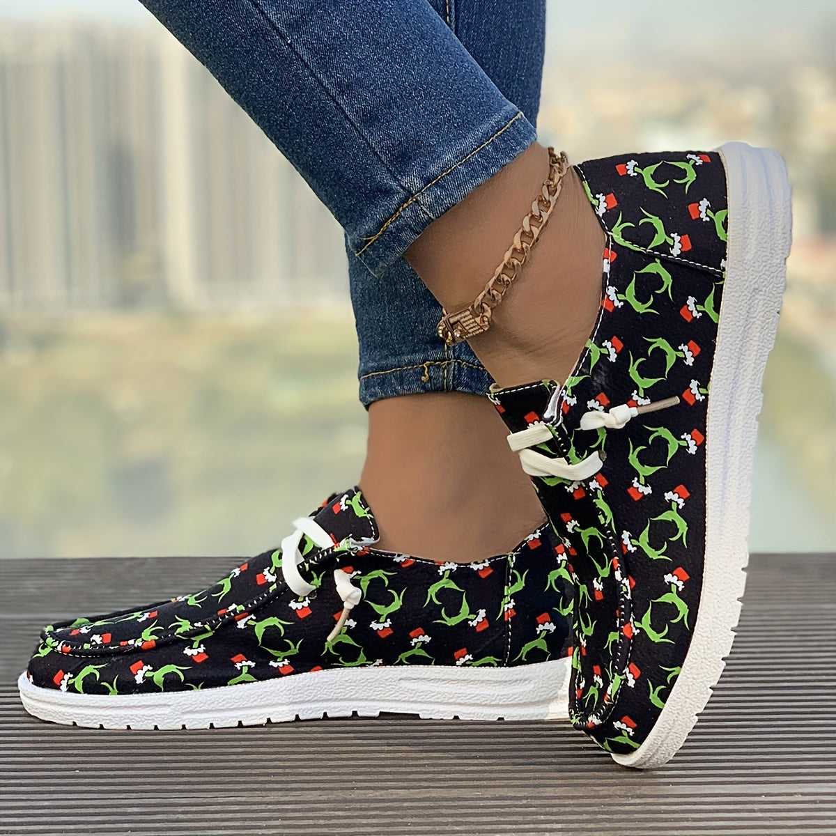 Christmas Print Flat Sporty Loafers Shoes Casual Non Slip Boat Shoes