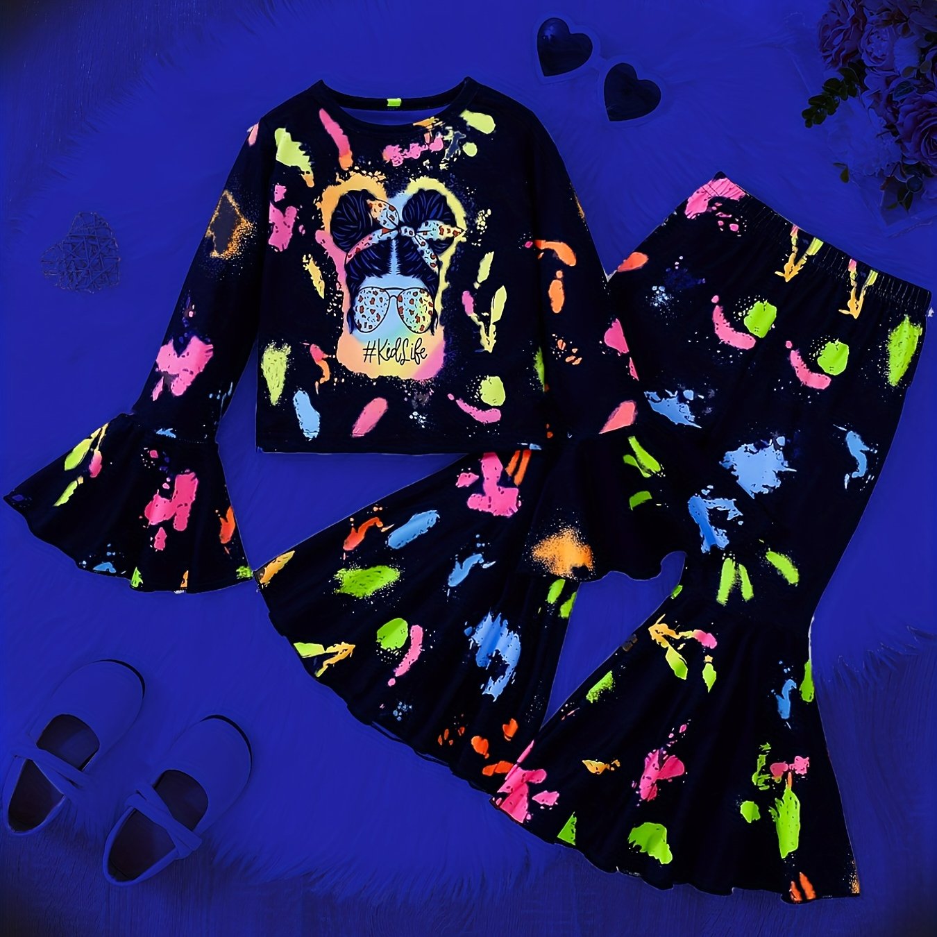 Girl's Trumpet Sleeve Top & Flared Pants Set Colorful Paint Print Outfits