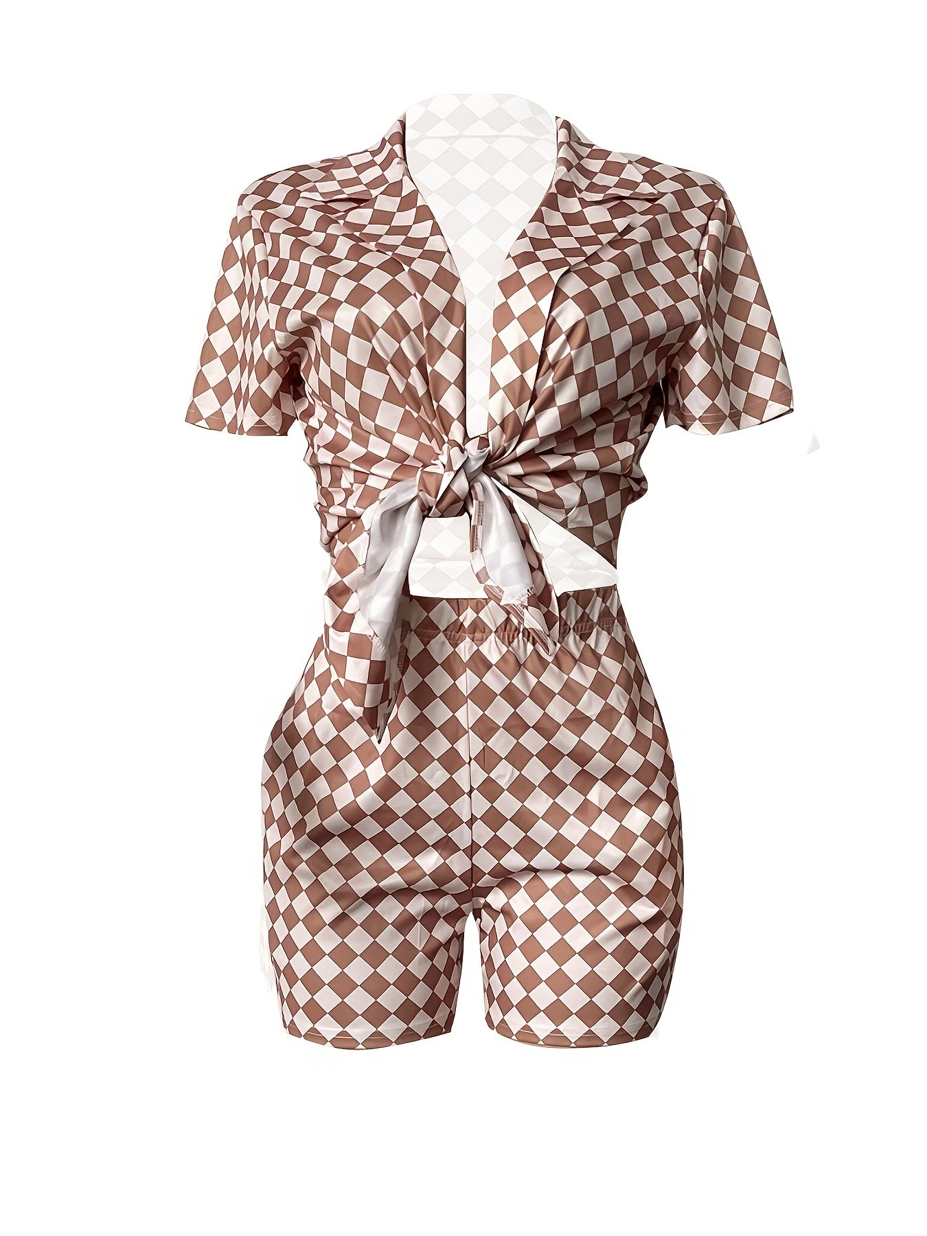 Plaid Two Piece Set Open Front Shirt & Shorts Outfits