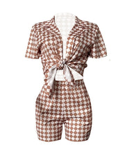 Plaid Two Piece Set Open Front Shirt & Shorts Outfits