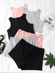 6 Pack Plus Size Basic Pajamas Set Women's Plus Solid Round Neck Plain Tank Top