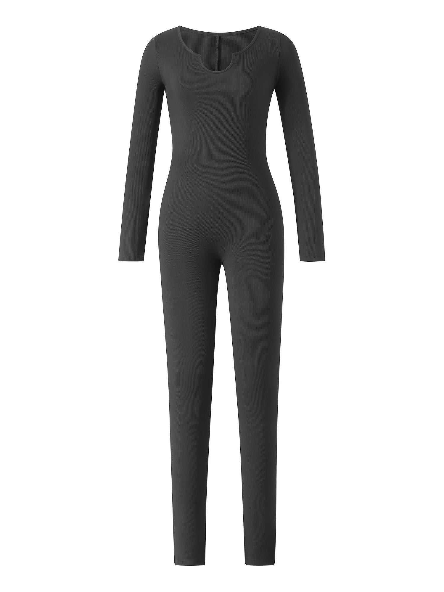 Solid Notched Neck Jumpsuit Casual Long Sleeve Jumpsuit