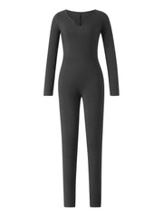 Solid Notched Neck Jumpsuit Casual Long Sleeve Jumpsuit