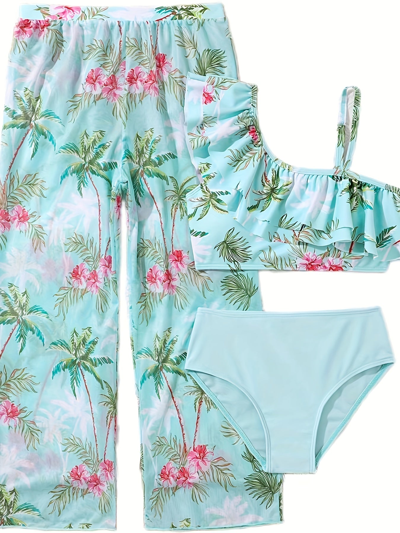 Girls Coconut Tree & Flower Print Swimwear Set