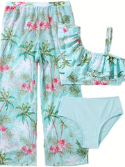 Girls Coconut Tree & Flower Print Swimwear Set