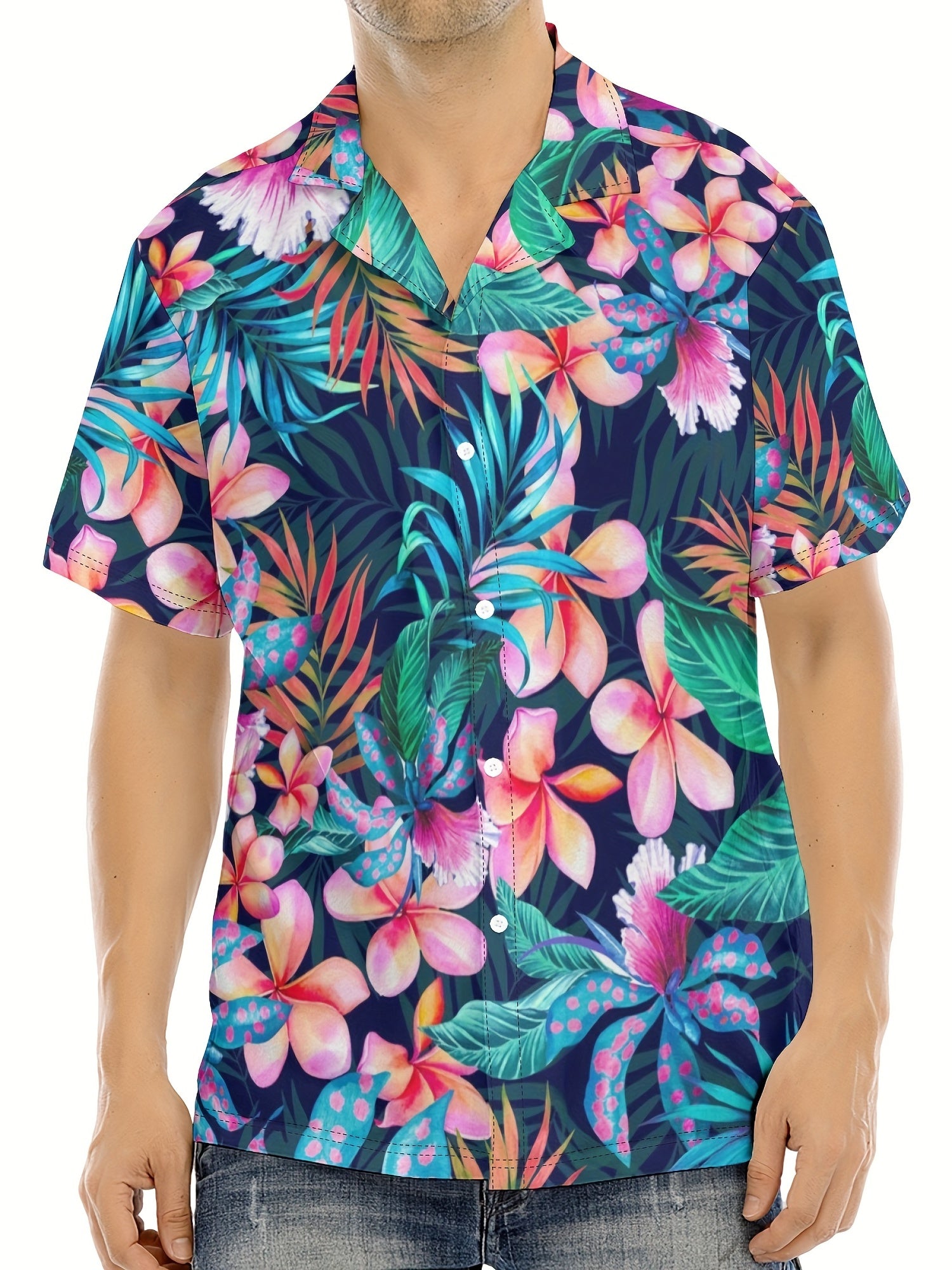 Tropical Flower Print Hawaiian Shirt Short Sleeve for Men