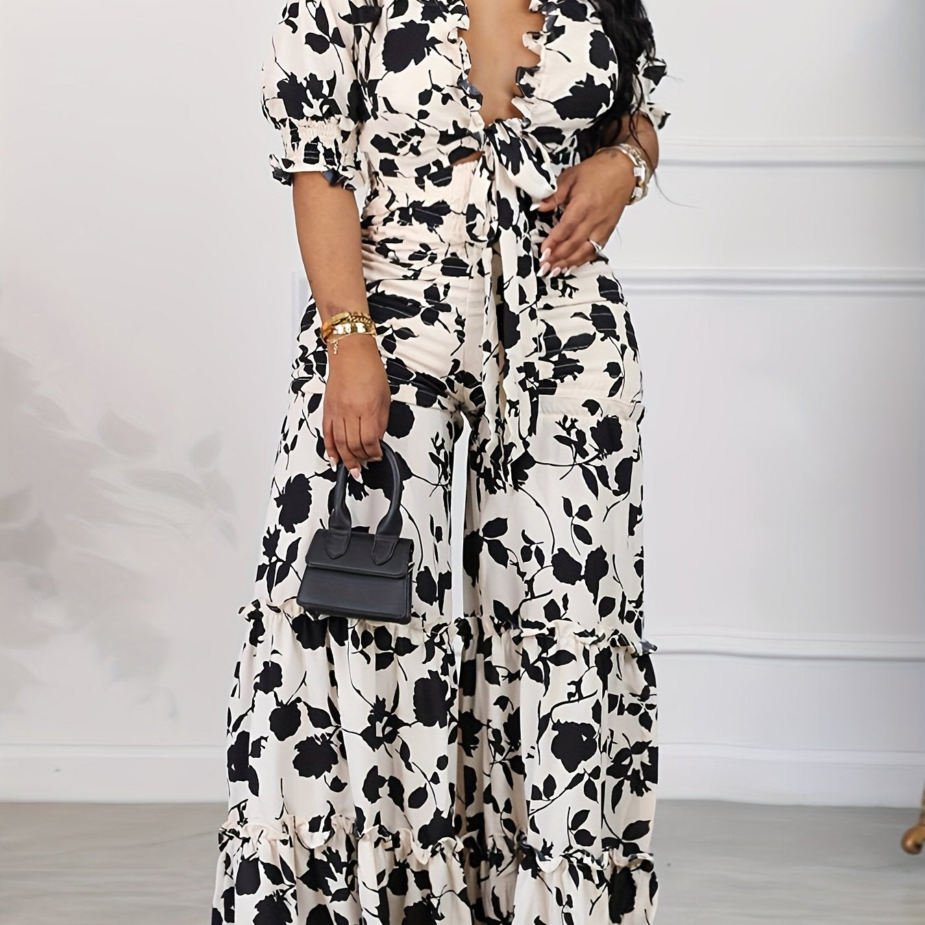 Floral Print Puff Sleeve V Neck Knot Top & Wide Leg Pants Set