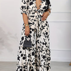 Floral Print Puff Sleeve V Neck Knot Top & Wide Leg Pants Set