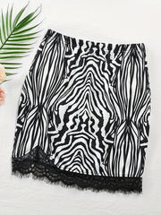 Leopard Print Lace Trim Skirt Elastic Waist Spring Summer Clothing